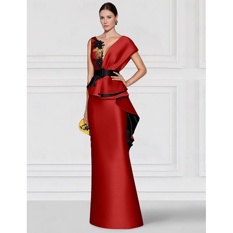 Red Gold Mother of the Bride Embroidered Sheath Evening Gown Elegant Dress Formal Floor Length Sleeveless V Neck Satin with Appliques2