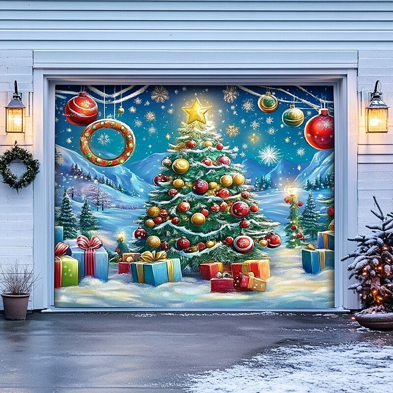 Christmas Door Decorations Outdoor Garage Door Cover Xmas Tree Banner Farmhouse Large Christmas Backdrop for Holiday Outdoor Garage Door Home Wall Decorations 9