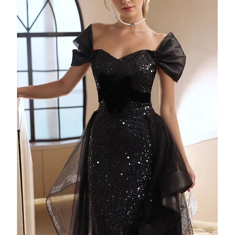 Black Tie A-Line Prom Dresses Vintage Dress Formal Floor Length Short Sleeve Square Neck Tulle with Glitter4