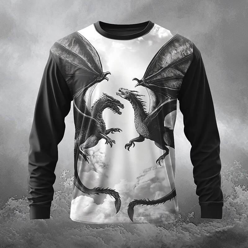 Men's Dragon T Shirt Long Sleeve T shirt 3D Print Crew Neck Shirt Exaggerated Designer Street Style Street Casual Black / White Black Summer Spring Fall Clothing Apparel S M L XL XXL XXXL4