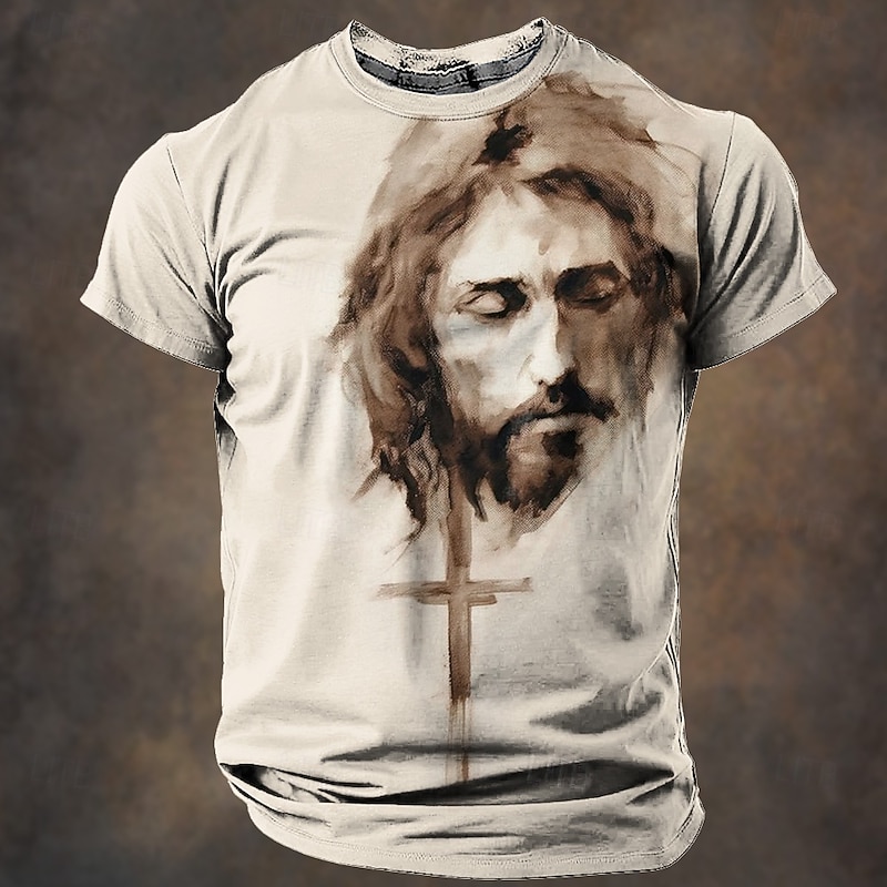 Christmas Men's Jesus T Shirt Short Sleeve T shirt 3D Print Crew Neck Shirt Retro Vintage Casual Street Style Christmas Sports Outdoor Holiday Light Blue Light Green Light Brown Spring & Summer