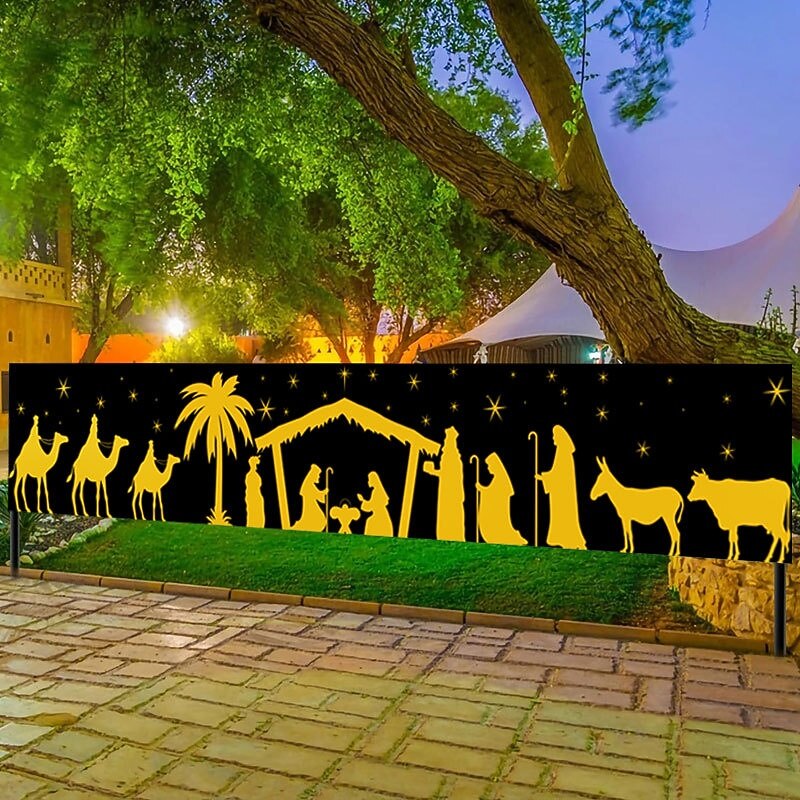 Christmas Banner Signs Nativity Scene Banner Decorations Happy New Years Supplies Fence Yard Sign Indoor Outdoor Decorations Photo Backdrop3