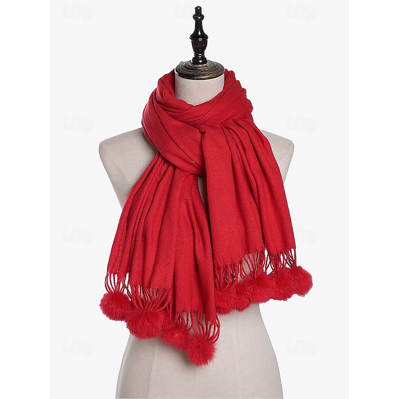 Women's Red Winter Scarf with Pom Pom Tassels – Cozy and Stylish Wrap for Cold Weather and Holiday Outfits3