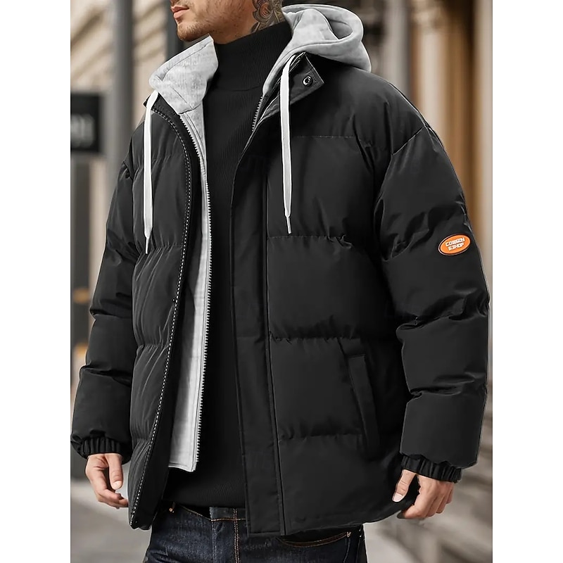 Men's Winter Jacket Puffer Jacket Padded Hooded Fake two piece Polyster Pocket Sports Outdoor Regular Fashion Casual Thermal Warm Windproof Winter Plain Black Blue Beige Puffer Jacket2