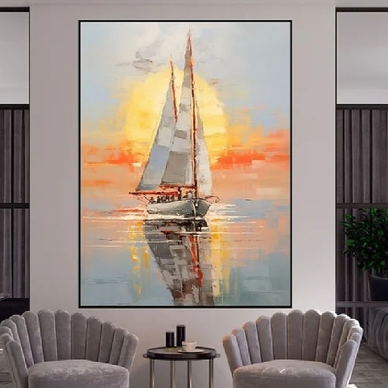Oil painting handmade Abstract Sailboat Canvas Art paintings handmade Nautical Oil Painting on Canvas Large Sailing Ship paintings Wall Art Modern Seascape Painting for Bedroom office decoration