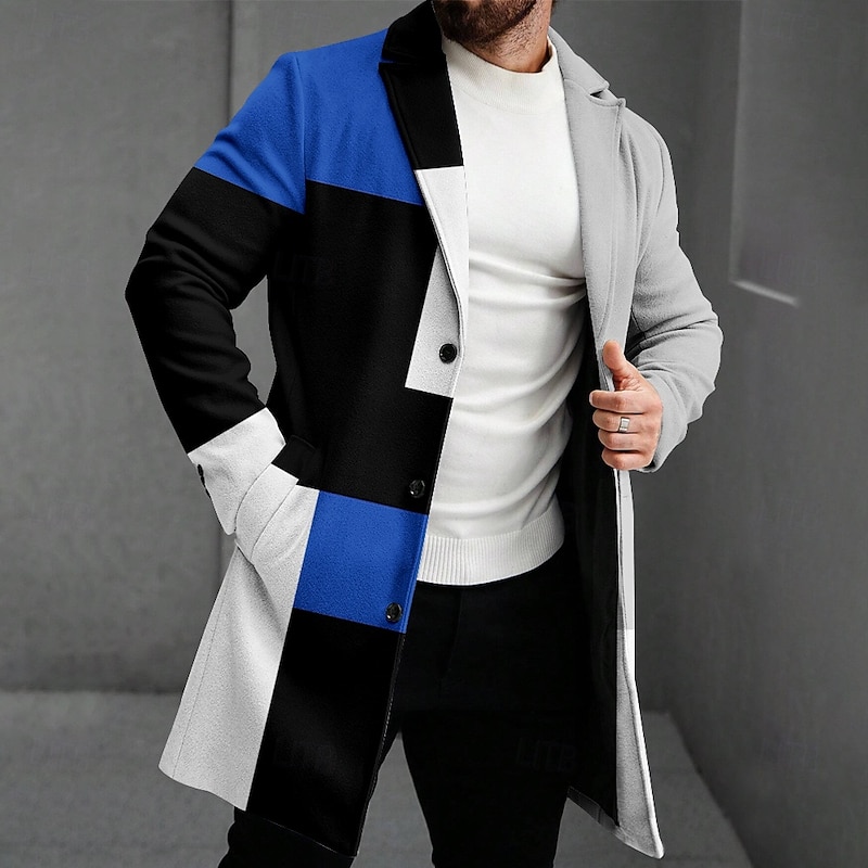 Men's Geometric Winter Coat Fleece Jacket Overcoat Thermal Comfortable Casual Party Evening Wear Street Daily Wear 3D Print Buttons Front Pocket Winter Turndown Long Sleeve Yellow Red Blue2