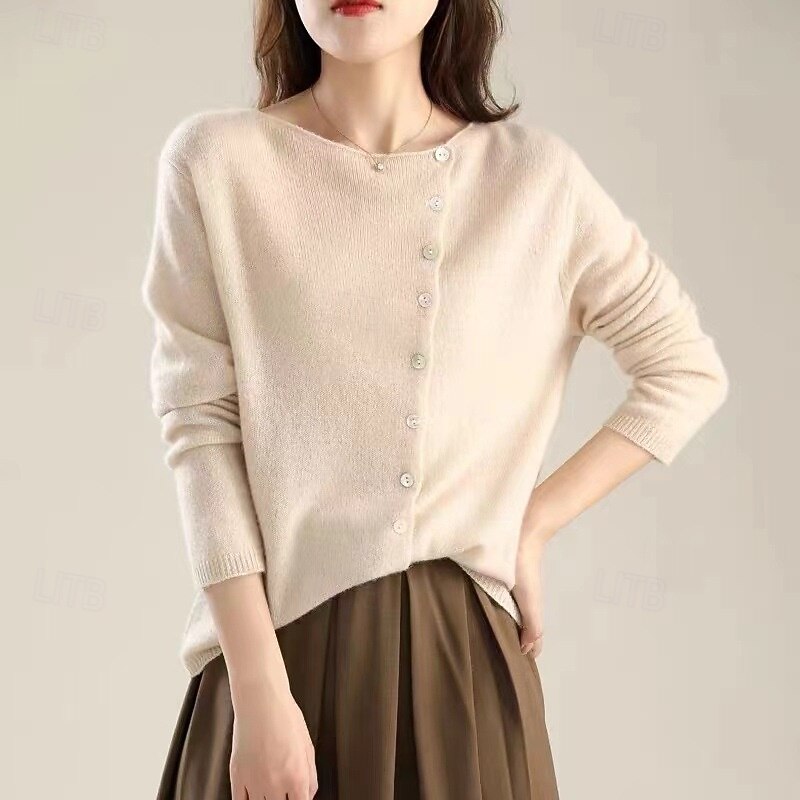 Women's Cardigan Elegant Fashion Daily Solid Color Fuzzy Crew Neck Knitted Long Sleeve Regular Tops Knit Work Pink Beige Fall Winter