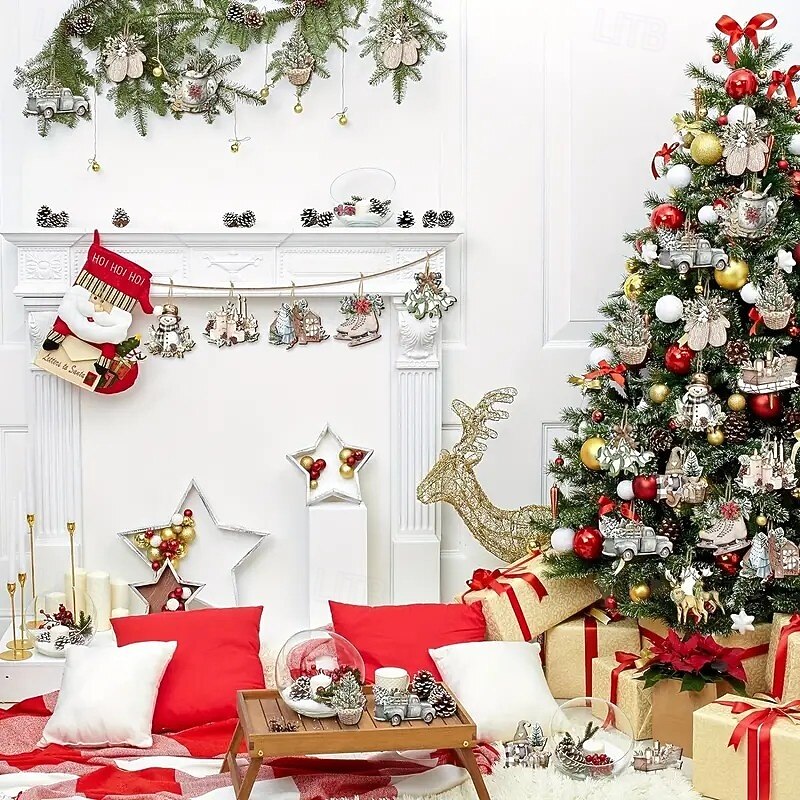 24pcs Vintage Wooden Christmas Ornament Set, Featuring Santa and Snowman Tree Tags, Perfect for Holiday Decor, Thanksgiving, and Halloween Celebrations4