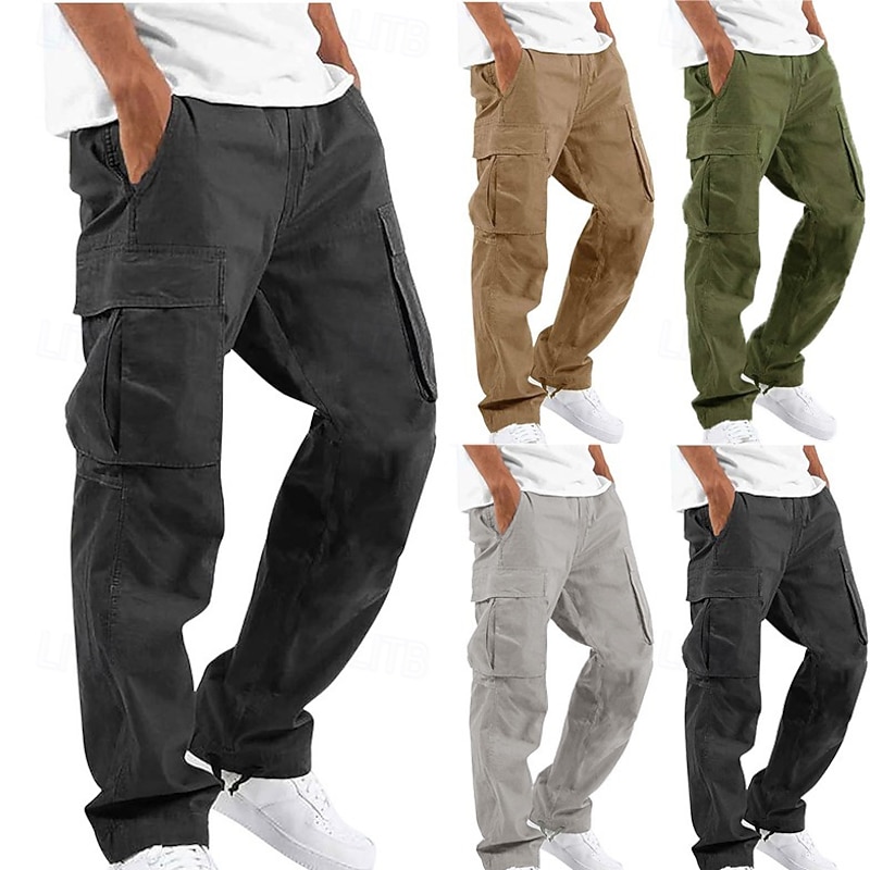 Men's Cargo Pants Cargo Trousers Trousers Drawstring Elastic Waist Multi Pocket Plain Comfort Soft Casual Daily Fashion Streetwear Black Light Green
