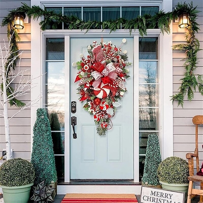 Christmas Garland Candy Flower Plant Upside Down Tree Wreath Xmas Upside Down Tree Garland Hanging Christmas Candy Bow Hanging Christmas Door Hanging Wall Decoration