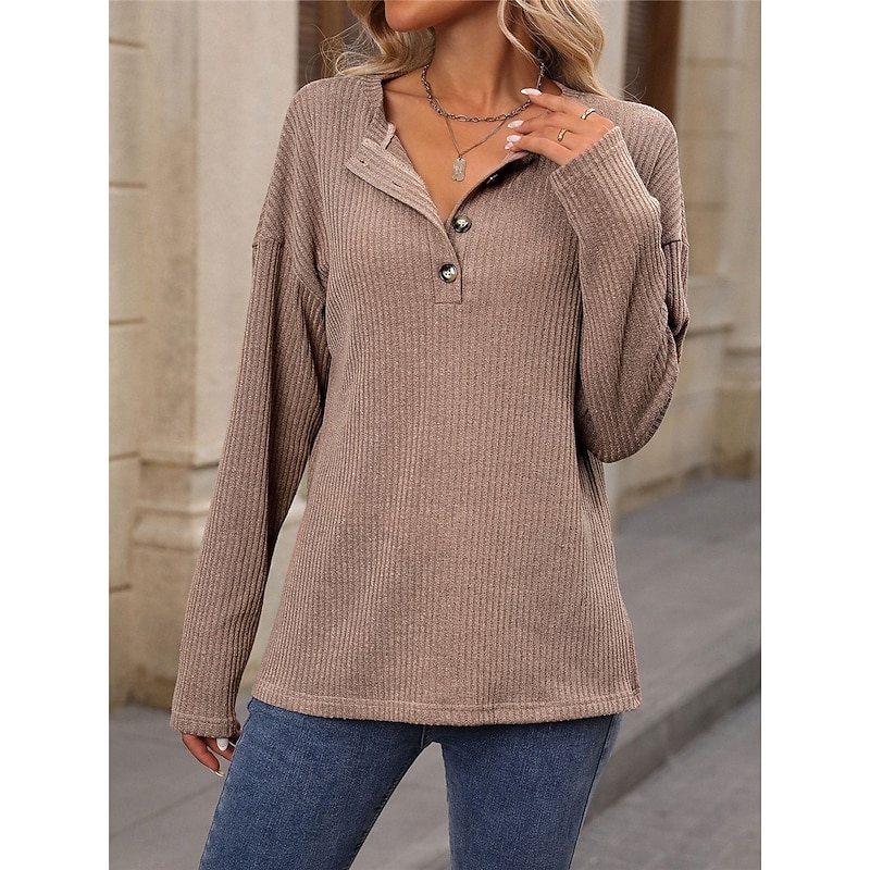Women's Shirt Blouse Solid Color Basic Casual Long Sleeve V Neck Regular Tops Daily Buttons Black Pink Army Green Khaki Fall Winter4