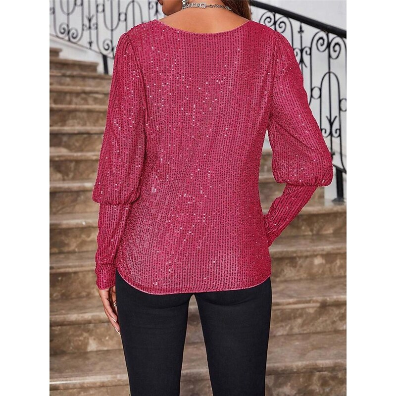Women's Shirt Blouse Basic Casual Sequins Long Sleeve Regular Tops Crew Neck Daily Red Fuchsia Fall Winter 6