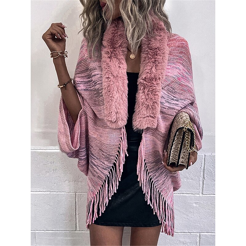 Women's Shrug Casual Soft Rainbow Ribbed Open Front Tassel Knitted Faux Fur Trim Long Sleeve Regular Tops Knit Outdoor Daily Weekend Pink Apricot Fall Winter4
