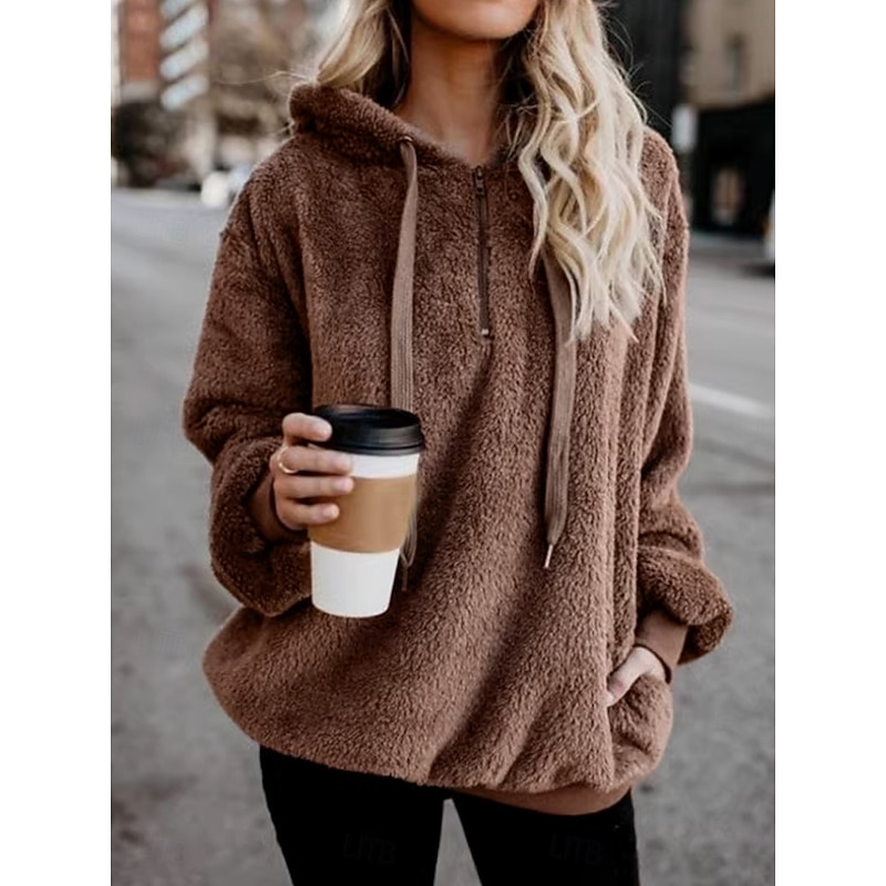 Women's Hoodie Sweatshirt Casual Sherpa Plain Street Dailywear Hoodie Zipper Pocket Long Sleeve Wine Brown Green Fall Winter