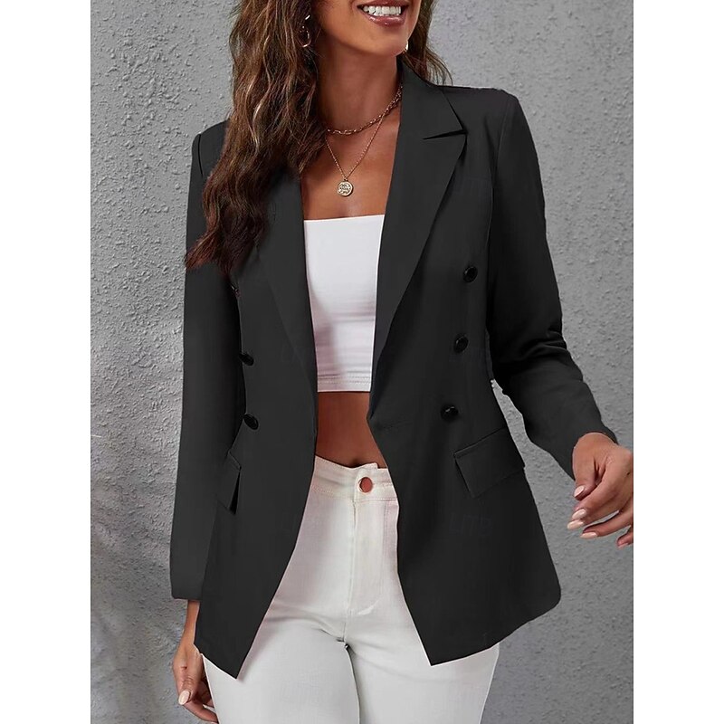 Women's Blazer Work Button Solid Color Breathable OL Style Regular Fit Outerwear Long Sleeve Fall Black S3