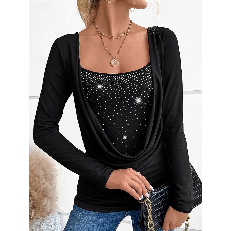 Women's Shirt Sequin Sparkly Party Solid Color Basic Casual Long Sleeve Crew Neck Regular Tops Daily Patchwork Black Wine Green Fall Winter