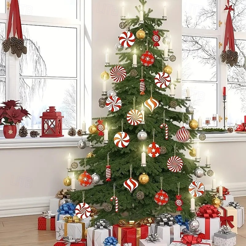 24pcs Christmas Wooden Ornaments, Peppermint Candy Cane Hanging Decorations with Peppermint Design, Perfect for Holiday Tree, Home, and Party Decor2