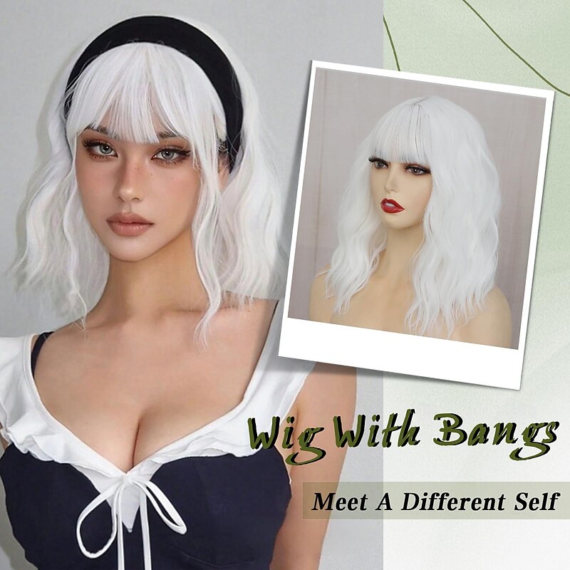Short Bob Wigs with Bangs for Women White Loose Wavy Wig Curly Wavy Shoulder Length Bob Synthetic Cosplay Wig for Girl Colorful Christmas Party Wigs3
