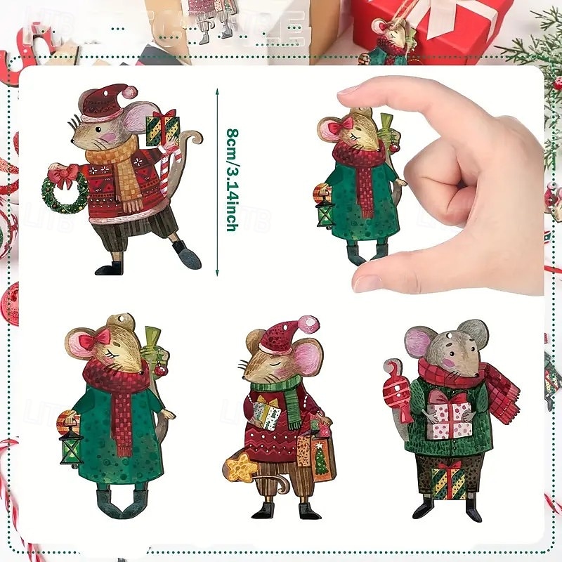 24pcs Wooden Mouse Christmas Ornaments, Handmade Animal Pendants for Tree Decoration, Rustic Farmhouse Holiday Charm, Seasonal Non-Illuminated Decor, Animal-Themed Hangings and Toppers4