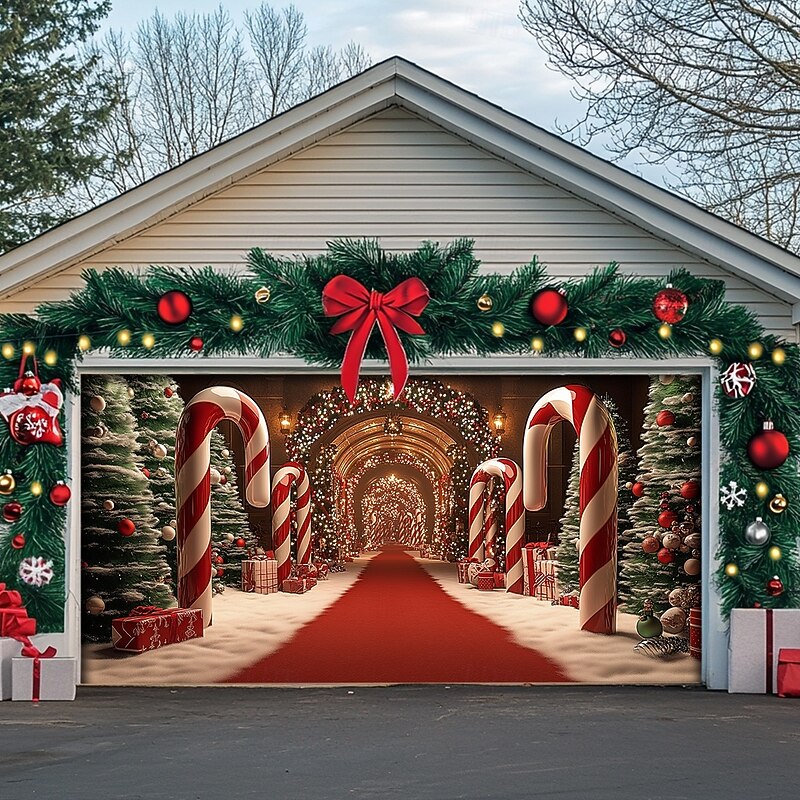 Christmas Door Decorations Garage Door Cover Xmas Candy Canes Gifts Gingerbread Outdoor Banner Large Christmas Backdrop for Holiday Outdoor Garage Door Home Wall Decorations 9