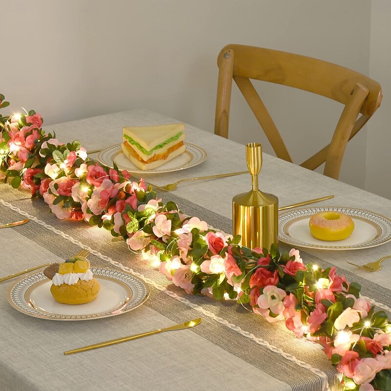 Valentines 2m 20LED Artificial Rose Vine Fairy Lights, Battery Powered Hanging Flower Garland for Anniversary Wedding and Party Decorations3