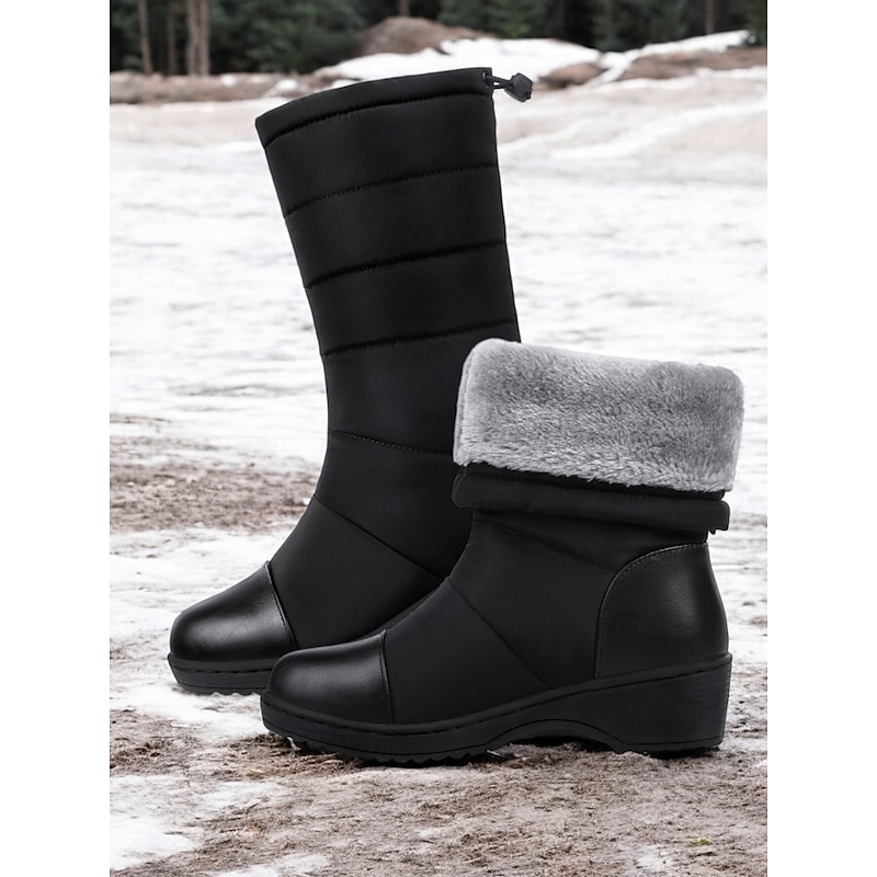 Women's Winter Snow Boots - Black Waterproof, Faux Fur Lined, Mid-Calf Warm Outdoor Shoes for Cold Weather