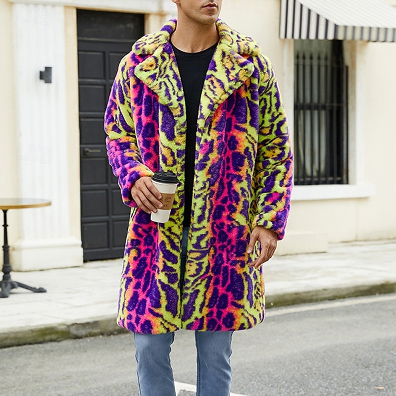 Men's Winter Jacket Fleece Jacket Faux Fur Coat Daily Vacation Thermal Warm Pocket Fleece Fall & Winter Leopard Print Fashion Streetwear Lapel Long Green Jacket3