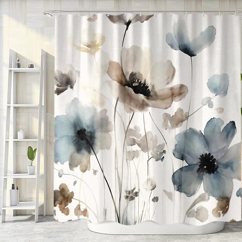 Shower Curtain with Hooks 180cm*180cm(70"*70") Polyester Washable Waterproof Pattern Bathroom Bathtub Decor Botanical Floral2