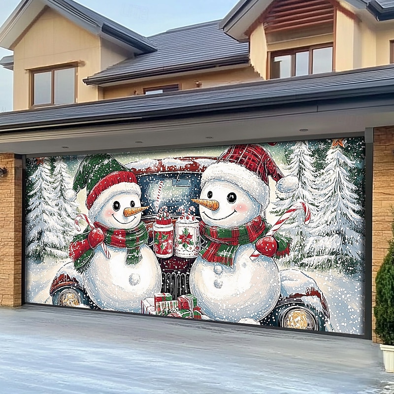 Christmas Door Decorations Outdoor Garage Door Cover Snowman Xmas Tree Banner Farmhouse Large Christmas Backdrop for Holiday Outdoor Garage Door Home Wall Decorations3