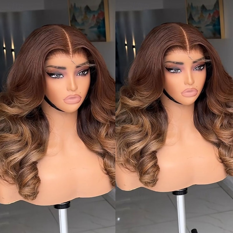 Brazilian Virgin Human Hair Glueless Ombre Lace Front Wavy Wig Auburn Light Brown Human Hair Wig  Two Tone Colored Wigs Pre-Plucked For Women4