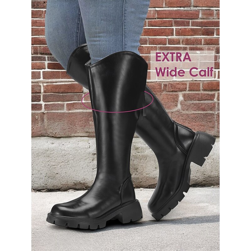 Women's Extra Wide Calf Knee-High Boots – Comfortable Black Faux Leather with Rugged Sole, Perfect for Outdoor Adventures and Everyday Wear