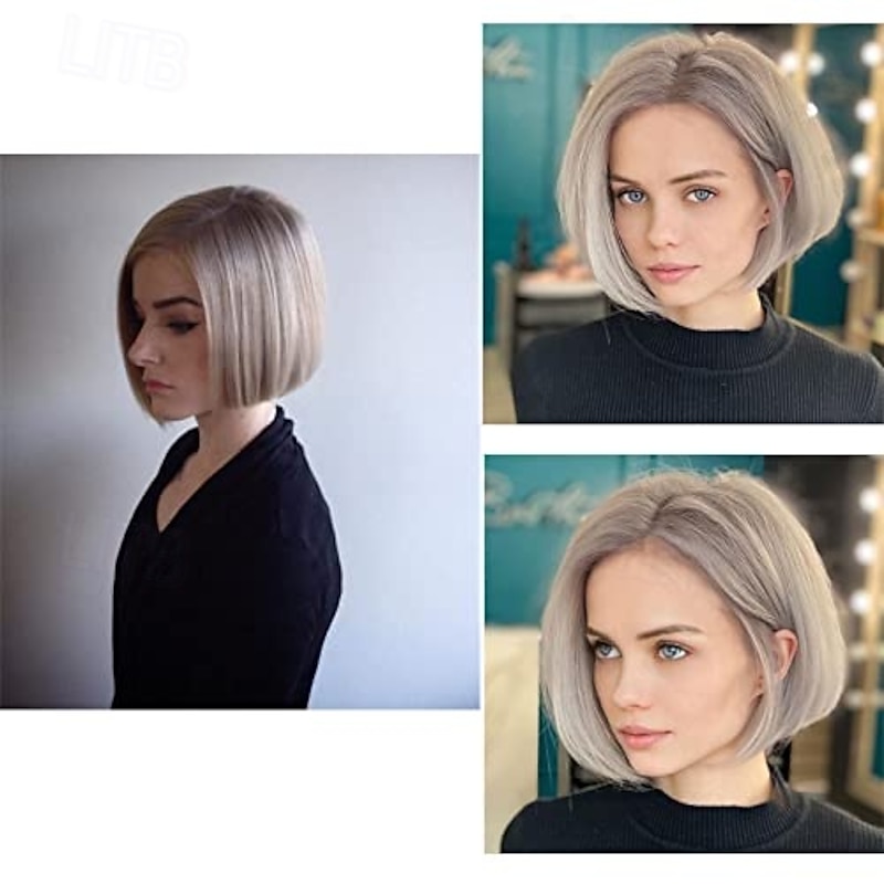 Women's Short Style Straight Gray Highlights Hair Wigs Short Stylish Fluffy Layer Wig Natural Middle Part Heat Resistant Wigs for Women with Bangs4
