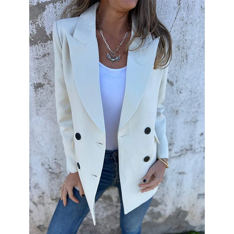 Women's Blazer Work Button Solid Color Breathable OL Style Regular Fit Outerwear Long Sleeve Fall White S2