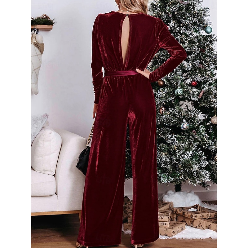 Women's Normal Jumpsuit Stylish Solid Color Long Sleeve Deep V Belted Vacation Party Regular Fit Black Red Blue Spring2
