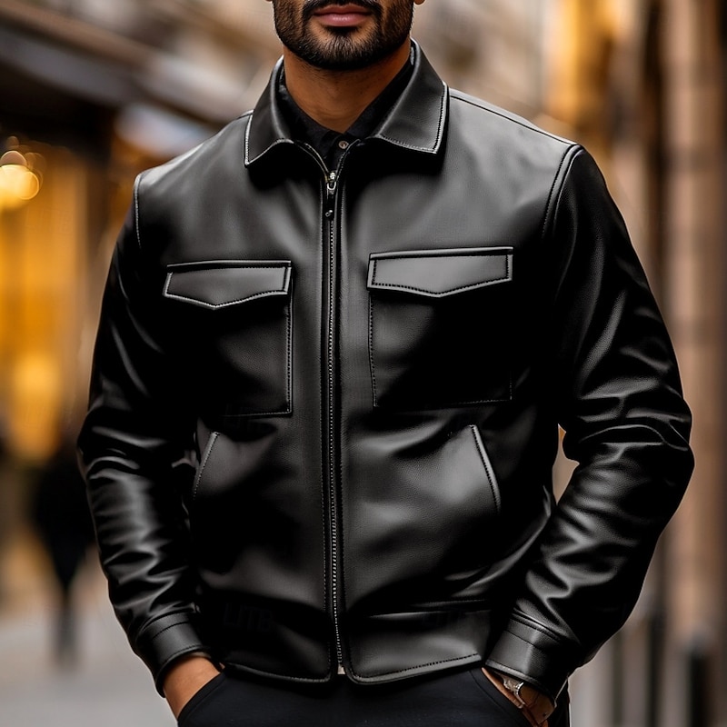 Men's Faux Leather Jacket Biker Jacket Motorcycle Jacket Daily Thermal Warm Rain Waterproof Zipper Pocket Fall & Winter Solid Colored Punk Vintage Stand Collar Regular Black Brown Jacket