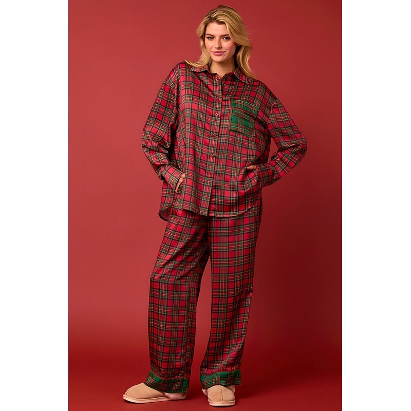 Santa Claus Sleepwear Christmas Pajamas Women's Lounge Sets Plaid Print Check Pattern Adults Christmas New Year Christmas Eve Christmas New Year Eve Home Wear Top Pants