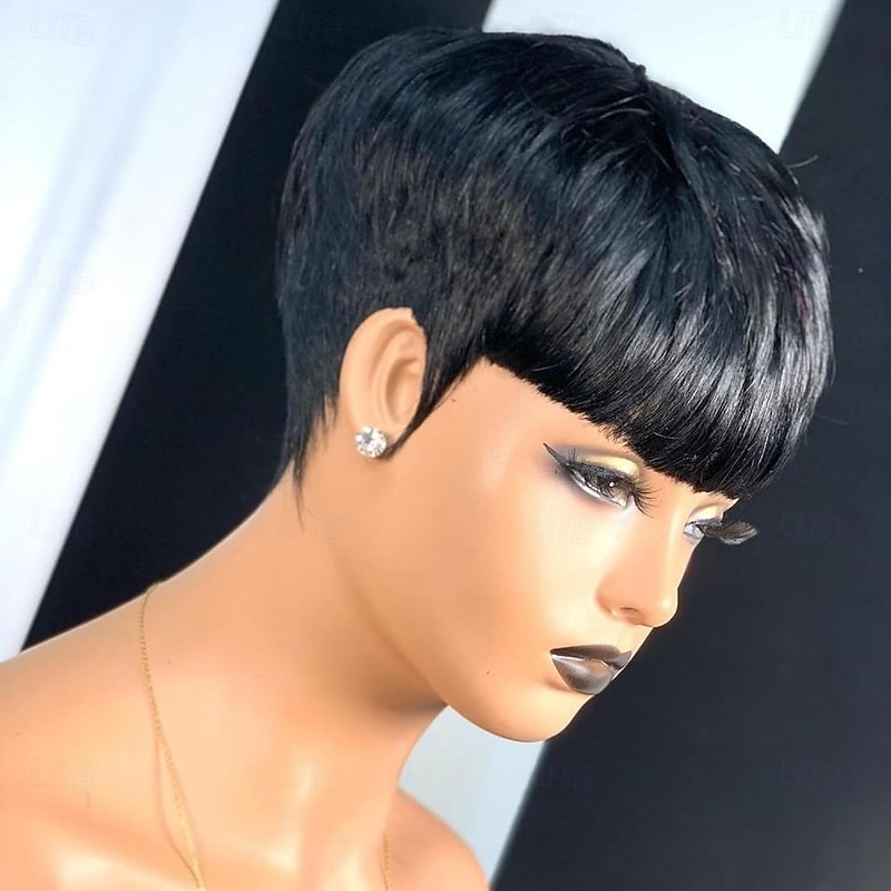 Pixie Cut Wig Human Hair Wigs For Black Women Short Layered Pixie Cut Wigs Full Machine Made Wigs Brazilian Virgin Human Hair Wigs For Women Glueless Wigs Natural Black Color3