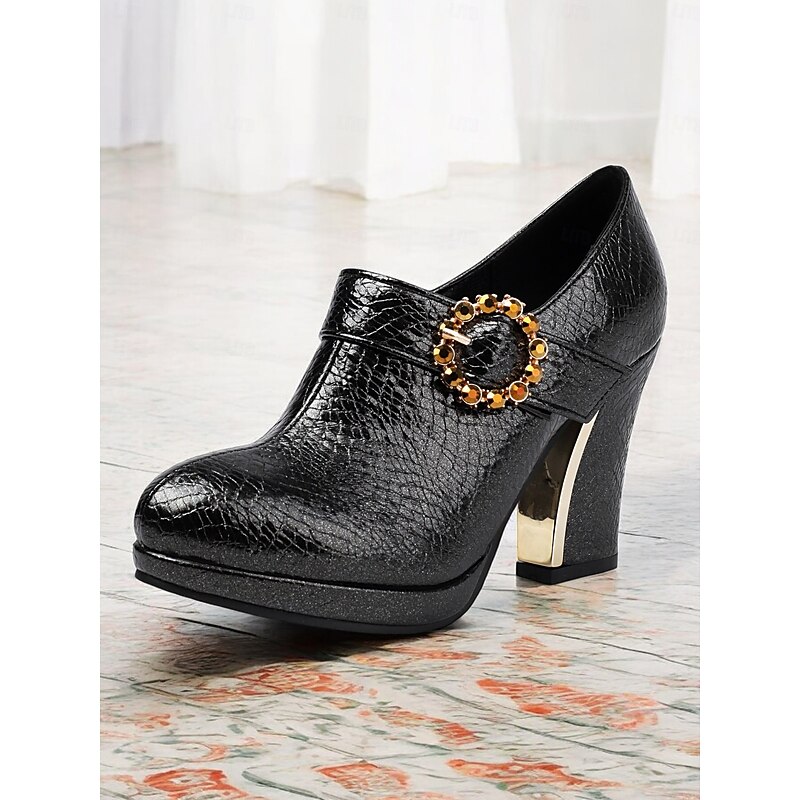 Women's Brown Snakeskin Platform Ankle Boots with Gold Buckle – Stylish High Heel Booties for Parties and Evening Wear3