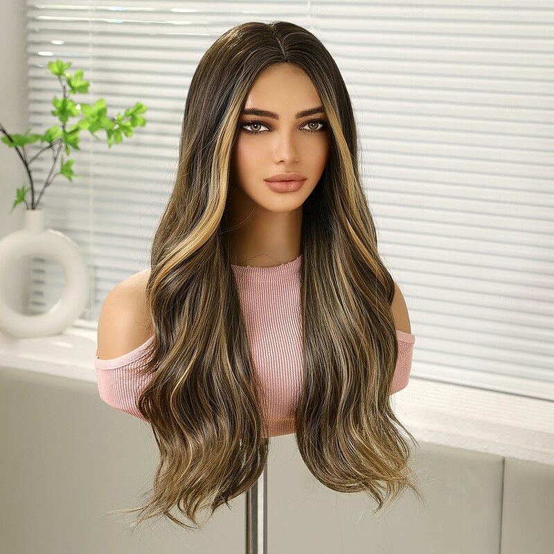 Synthetic Wig Curly Wavy Middle Part Machine Made Wig 26 inch Black / Brown Synthetic Hair Women's Cute Cosplay Party Blonde3