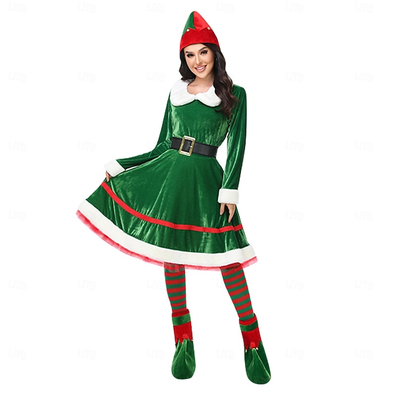 Elf Outfits Fancy Costume Christmas Costume Women's Girls' Cosplay Costume Adults Kid's Christmas New Year Christmas Eve Christmas Party Dress Belt Socks Shoes Hat3