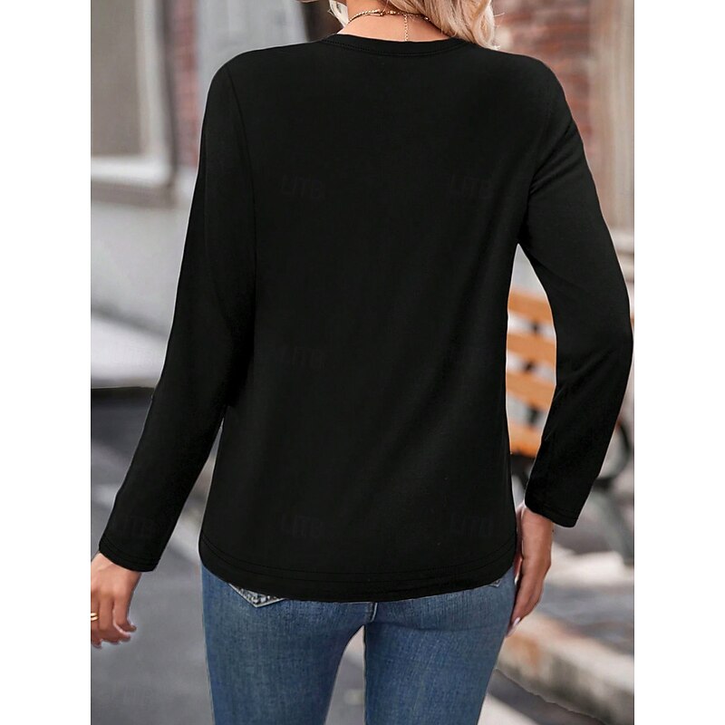 Women's T Shirt V Neck Long Sleeve Tunic Leopard Color Block Casual Regular Tops Daily Print Black Spring Fall2