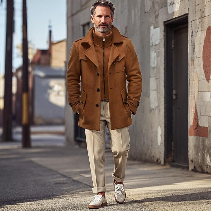 Men's Winter Coat Winter Jacket Trench Coat Fake two piece Wool Pocket Business Casual WorkWear Long Active Vintage Fashion Windproof Warm Winter Solid Colored Black Navy Blue Orange Brown Puffer2