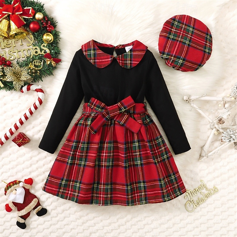 Girls' 3D Plaid Dress Dress Set Long Sleeve Spring Fall Vacation Daily Holiday Beautiful Sweet Little Kids(4-7ys) 4-7 Years Casual Dress A Line Dress Knee-length Regular Fit