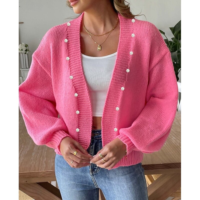 Women's Sweater Cardigan Elegant Casual Soft Pure Color Ribbed V Neck Beaded Knitted Long Sleeve Regular Tops Knit Outdoor Daily Weekend Pink Fall Winter