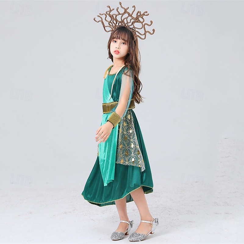 Kids Girls' Cosplay Dress Party Dress Color Block Short Sleeve Performance Halloween Party Patchwork Beautiful Sweet Polyester Maxi Party Dress A Line Dress Summer 4 years+ Green3