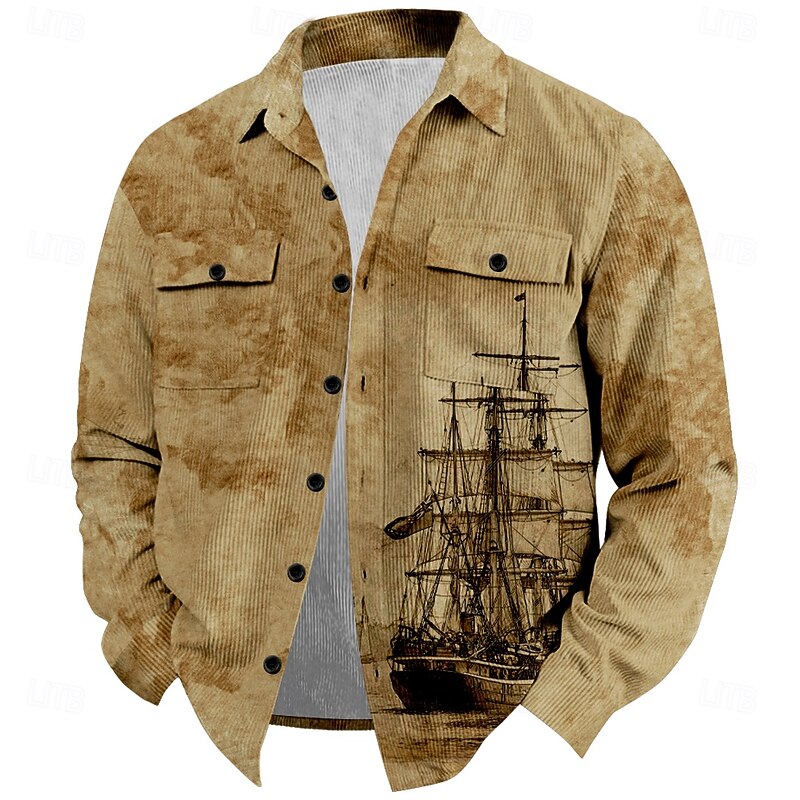 Men's Nautical Corduroy Shirt Shirt Jacket Overshirt Long Sleeve Vintage Tribal Outdoor Dailywear Fall & Winter Turndown Collared Shirts Buttons 3D Print 2 Pockets 1pc White Dark Red Army Green Brown4