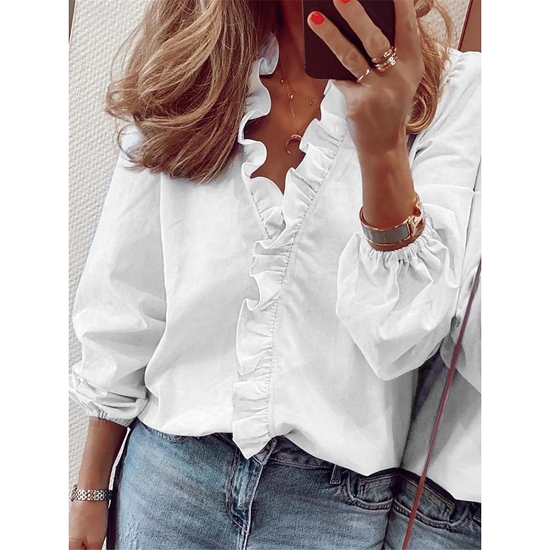 Women's Shirt Blouse Solid Color Basic Casual Long Sleeve V Neck Regular Tops Daily Ruffle White Blue Fall Winter