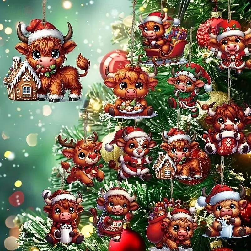 24pcs Christmas Wooden Ornaments, Xmas Tree Pendant Decoration - Vintage Highland Cow Cartoon Holiday Decor - Perfect for Thanksgiving, Halloween, and Themed Tree Hanging