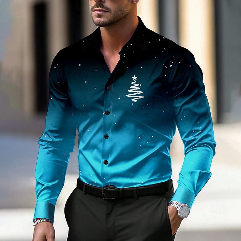 Christmas Men's Tree Shirt Dress Shirt Button Up Shirt Long Sleeve Casual Party Evening Wear Daily Fall Winter Spring & Summer Shirt Collar Button Up 3D Print Light Blue Violet Red Blue Green4