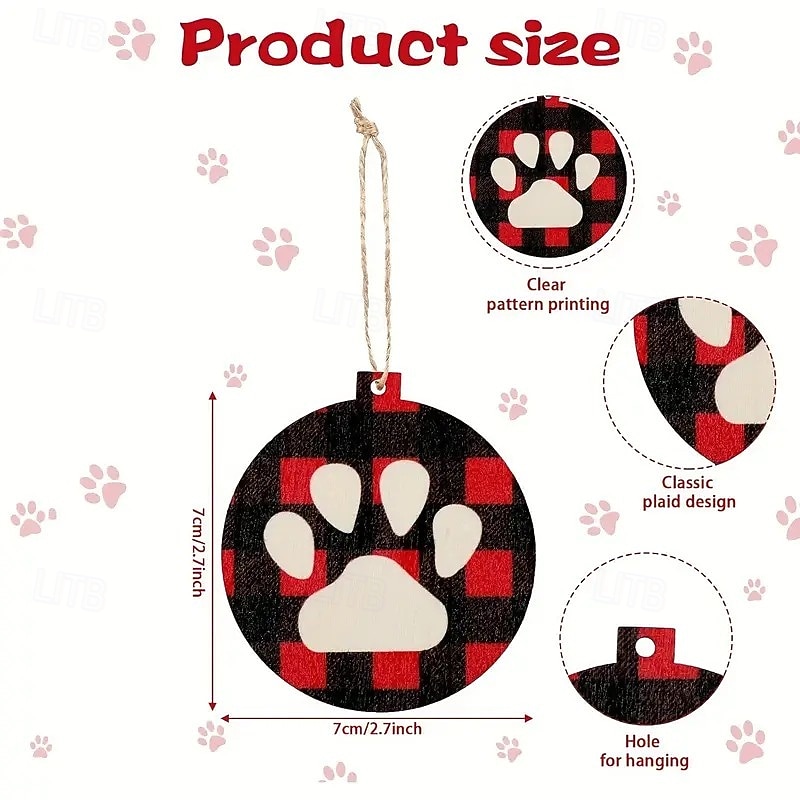30pcs Christmas Wooden Ornaments, Xmas Tree Pendant Decoration - Buffalo Check Dog Cat Paw Print Design with Hanging String, Red and Black3